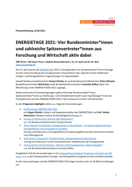 ENERGIETAGE 2021: Vier Bundesminister*Innen Und Zahlreiche Spitzenvertreter*Innen Aus Forschung Und Wirtschaft Aktiv Dabei