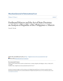 Ferdinand Marcos and the Act of State Doctrine: an Analysis of Republic of the Philippines V