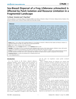 Odorrana Schmackeri)Is Affected by Patch Isolation and Resource Limitation in a Fragmented Landscape