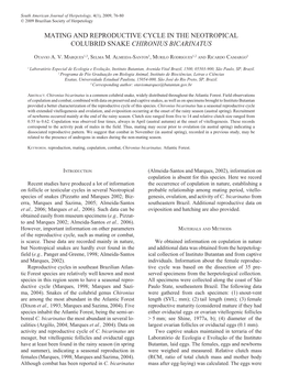 Mating and Reproductive Cycle in the Neotropical Colubrid Snake Chironius Bicarinatus