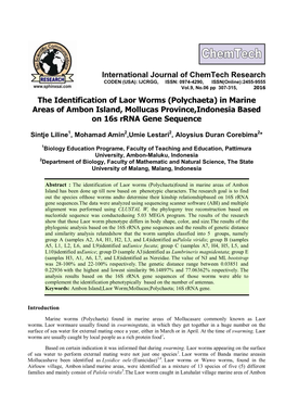 Polychaeta) in Marine Areas of Ambon Island, Mollucas Province,Indonesia Based on 16S Rrna Gene Sequence