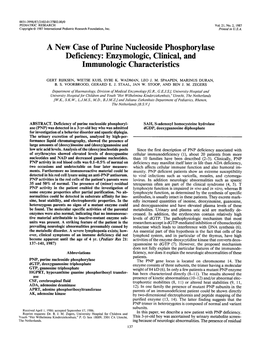 A New Case of Purine Nucleoside Phosphorylase Deficiency: Enzymologic, Clinical, and Immunologic Characteristics