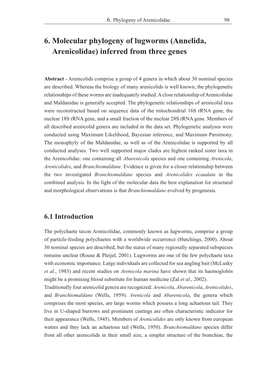 6. Molecular Phylogeny of Lugworms (Annelida, Arenicolidae) Inferred from Three Genes