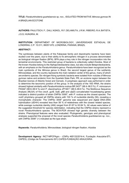 TITLE: Paraburkholderia Guartelaensis Sp. Nov., ISOLATED from NATIVE Mimosa Gymnas in a BRAZILIAN ECOTONE AUTHORS: PAULITSCH, F