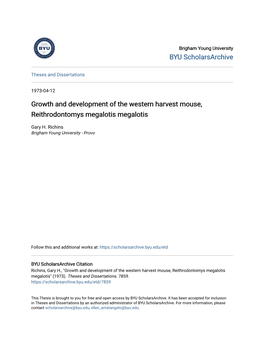 Growth and Development of the Western Harvest Mouse, Reithrodontomys Megalotis Megalotis