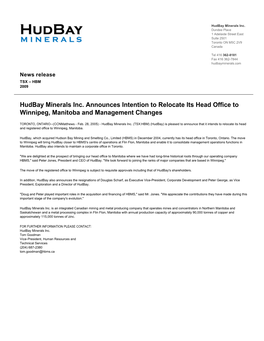 Hudbay Minerals Inc. Announces Intention to Relocate Its Head Office to Winnipeg, Manitoba and Management Changes