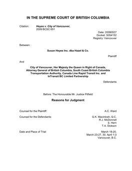 Heyes V. City of Vancouver, 2009 BCSC 651 Date: 20090527 Docket: S054152 Registry: Vancouver