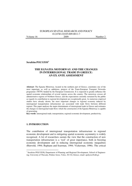 The Egnatia Motorway and the Changes in Interregional Trade in Greece: an Ex Ante Assessment