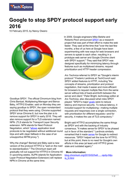 Google to Stop SPDY Protocol Support Early 2016 10 February 2015, by Nancy Owano