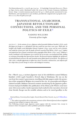 Transnational Anarchism, Japanese Revolutionary Connections, and the Personal Politics of Exile*