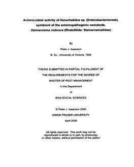 Antimicrobial Activity of Xenorhabdus Sp. (Enterobacteriaceae), Symbiont of the Entomopathogenic Nematode, Steinernema Riobrave (Rhabditida: Steinernematidae)