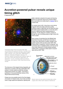 Accretion-Powered Pulsar Reveals Unique Timing Glitch 6 September 2017