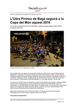 L'ultra Pirineu De Bagà Seguirà a La Copa Del Món Aquest 2016 La Cursa Es Disputarà El 24 De Setembre I Espera Atreure Alguns Dels Millors Corredors Del Món