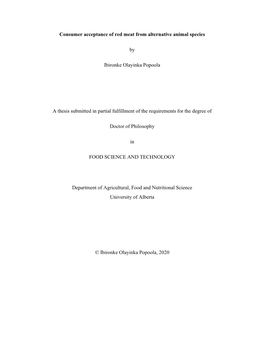 Consumer Acceptance of Red Meat from Alternative Animal Species by Ibironke Olayinka Popoola a Thesis Submitted in Partial Fulfi