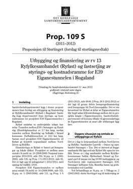 Ryfast) Og Fastsetjing Av Styrings- Og Kostnadsramme for E39 Eiganestunnelen I Rogaland