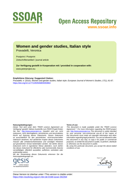 Women and Gender Studies, Italian Style Pravadelli, Veronica