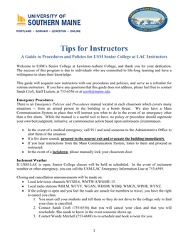 Tips for Instructors a Guide to Procedures and Policies for USM Senior College at LAC Instructors