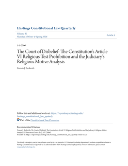The Constitution's Article VI Religious Test Prohibition and the Judiciary's Religious Motive Analysis, 33 Hastings Const