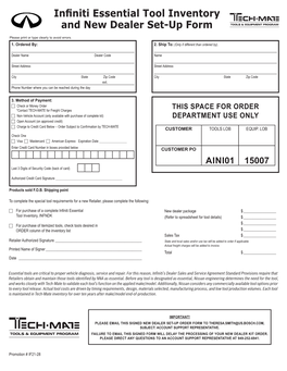 Infiniti Essential Tool Inventory and New Dealer Set-Up Form