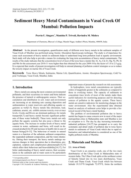 Sediment Heavy Metal Contaminants in Vasai Creek of Mumbai: Pollution Impacts