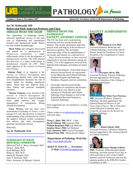 PATHOLOGY in Focus Volume 1, Issue 4, November 2007 Quarterly Newsletter of the UAB Department of Pathology