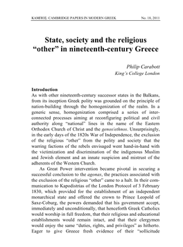 State, Society and the Religious “Other” in Nineteenth-Century Greece