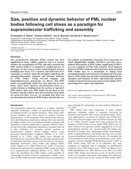 Size, Position and Dynamic Behavior of PML Nuclear Bodies Following Cell Stress As a Paradigm for Supramolecular Trafficking and Assembly