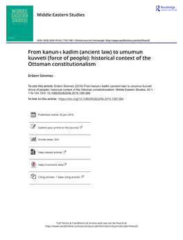 From Kanun-I Kadim (Ancient Law) to Umumun Kuvveti (Force of People): Historical Context of the Ottoman Constitutionalism