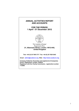 Annual Activities Report and Accounts for the Period 1