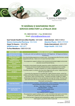 TE WHĀNAU O WAIPAREIRA TRUST SERVICES DIRECTORY As of March 2018