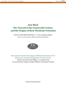 Jane Black the Visconti in the Fourteenth Century and the Origins of Their Plenitudo Potestatis