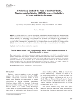 A Preliminary Study of the Food of the Dwarf Snake, Eirenis Modestus (Martin, 1838) (Serpentes: Colubridae), in ‹Zmir and Manisa Provinces