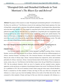 Disrupted Girls and Disturbed Girlhoods in Toni Morrison‟S the Bluest Eye and Beloved”