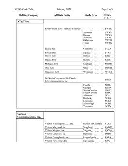 COSA Code Table February 2021 Page 1 of 6 Holding Company