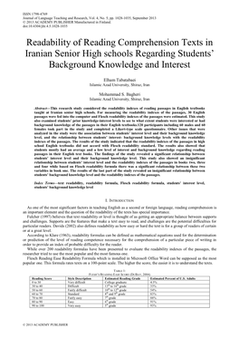 Readability of Reading Comprehension Texts in Iranian Senior High Schools Regarding Students’ Background Knowledge and Interest