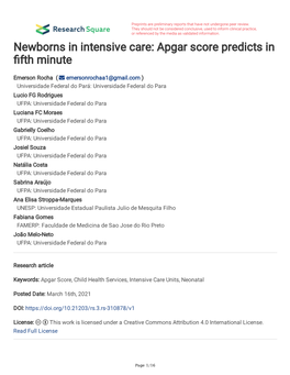 Newborns in Intensive Care: Apgar Score Predicts in Fth Minute