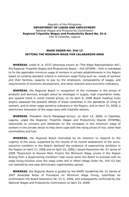 Republic of the Philippines DEPARTMENT of LABOR and EMPLOYMENT National Wages and Productivity Commission Regional Tripartite Wages and Productivity Board No