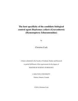 The Host Specificity of the Candidate Biological Control Agent Diadromus Collaris (Gravenhorst) (Hymenoptera: Ichneumonidae)