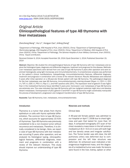 Original Article Clinicopathological Features of Type AB Thymoma with Liver Metastases