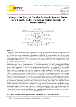 Comparative Study of Pesticide Residue in Seasonal Fruits from Charkhi Dadri, Gurgaon & Jhajjar Districts of Haryana (India)