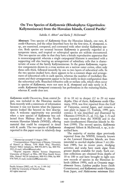 On Two Species Ofkallymenia (Rhodophyta: Gigartinales: Kallymeniaceae) from the Hawaiian Islands, Central Pacific1