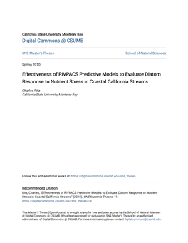 Effectiveness of RIVPACS Predictive Models to Evaluate Diatom Response to Nutrient Stress in Coastal California Streams