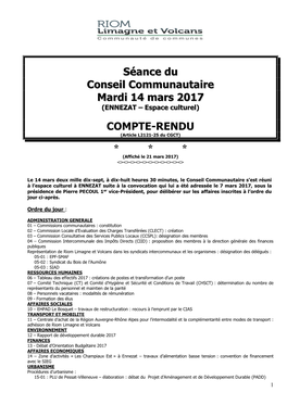 Séance Du Conseil Communautaire Mardi 14 Mars 2017 (ENNEZAT – Espace Culturel)