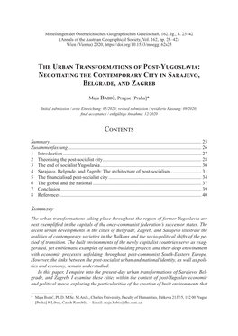 The Urban Transformations of Post-Yugoslavia: Negotiating the Contemporary City in Sarajevo, Belgrade, and Zagreb