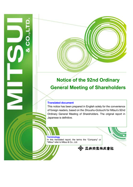 Notice of the 92Nd Ordinary General Meeting of Shareholders