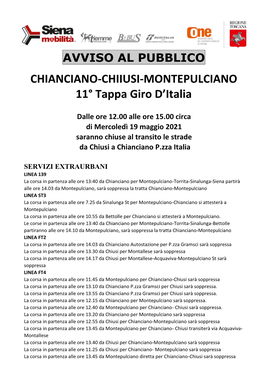 AVVISO Viabità Chiusi Chianciano Per Giro D'italia