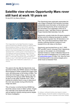 Satellite View Shows Opportunity Mars Rover Still Hard at Work 10 Years on 18 July 2013, by Nancy Atkinson