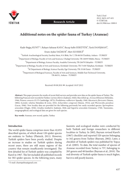 Additional Notes on the Spider Fauna of Turkey (Araneae)