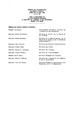 Mémoire Des Délibérations Du Conseil Exécutif, Séance Du 19 Août 1992