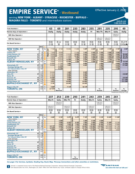 EMPIRE SERVICE - Westbound Serving NEW YORK - ALBANY - SYRACUSE - ROCHESTER - BUFFALO - NIAGARA FALLS - TORONTO and Intermediate Stations Amtrak.Com 1-800-USA-RAIL